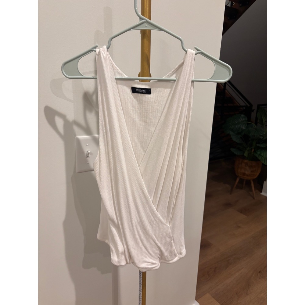 Michael Lauren Womens White Ribbed Knit Surplice Wrap Deep V-Neck Tank Top Large